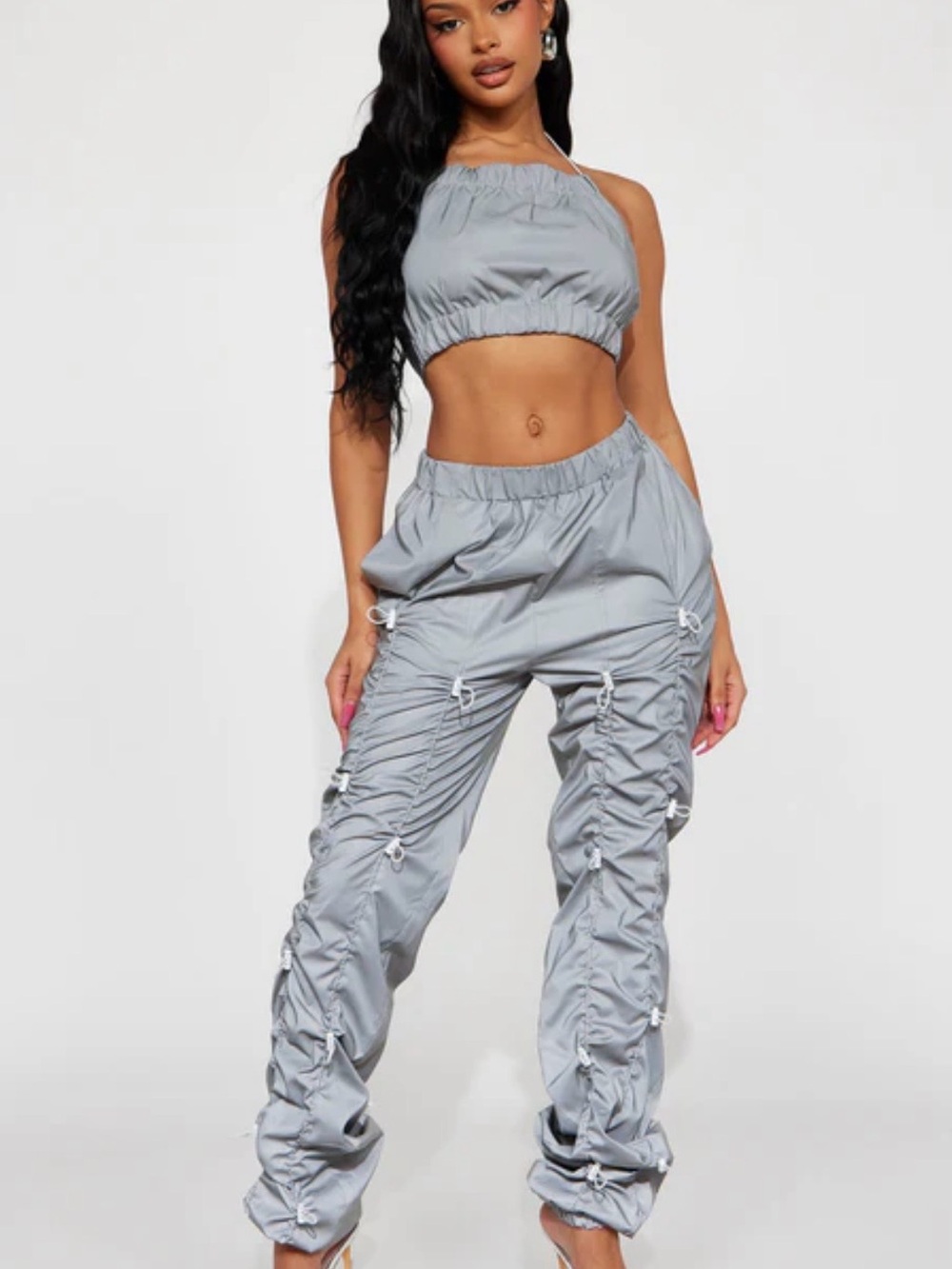 Fashion Nova Light Gray Ruched Halter Jumpsuit
